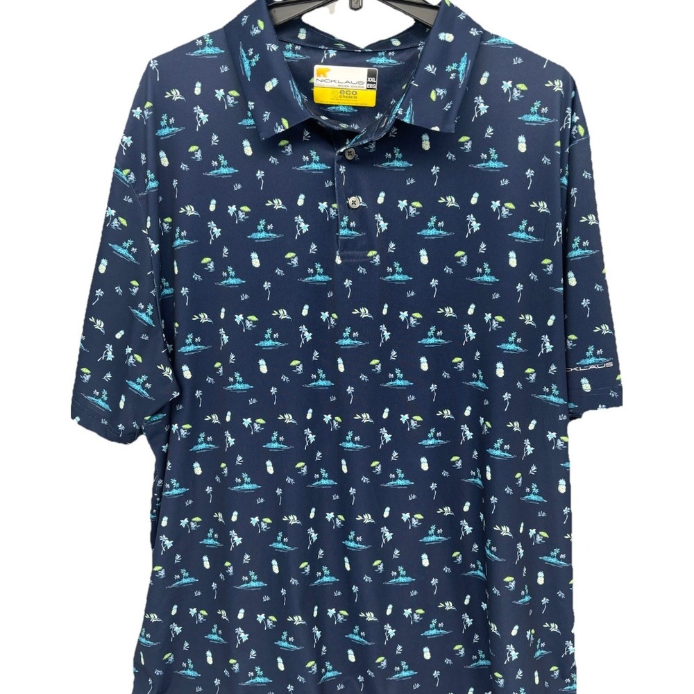 Nicklaus Eco Choice Polo Shirt Men's XXL Big & Tall Blue Tropical Print Comfort